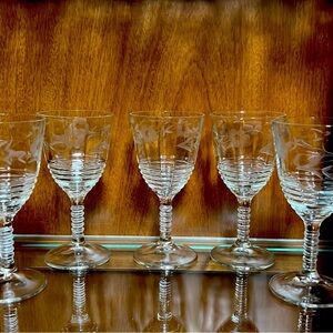 Vintage Depression Glass Wine Water Goblets, Etched Floral Ribbed, Set of 4